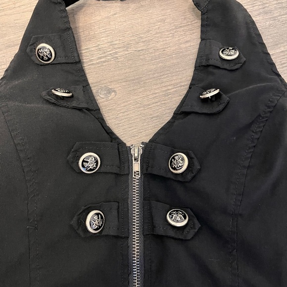 Black zip front backless halter top. military button details. Stretch fabric. - Picture 15 of 16